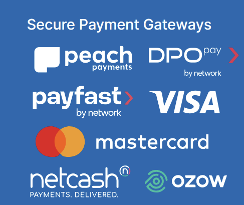 Secure payment gateways including PayFast, Visa, Mastercard, Netcash and Ozow